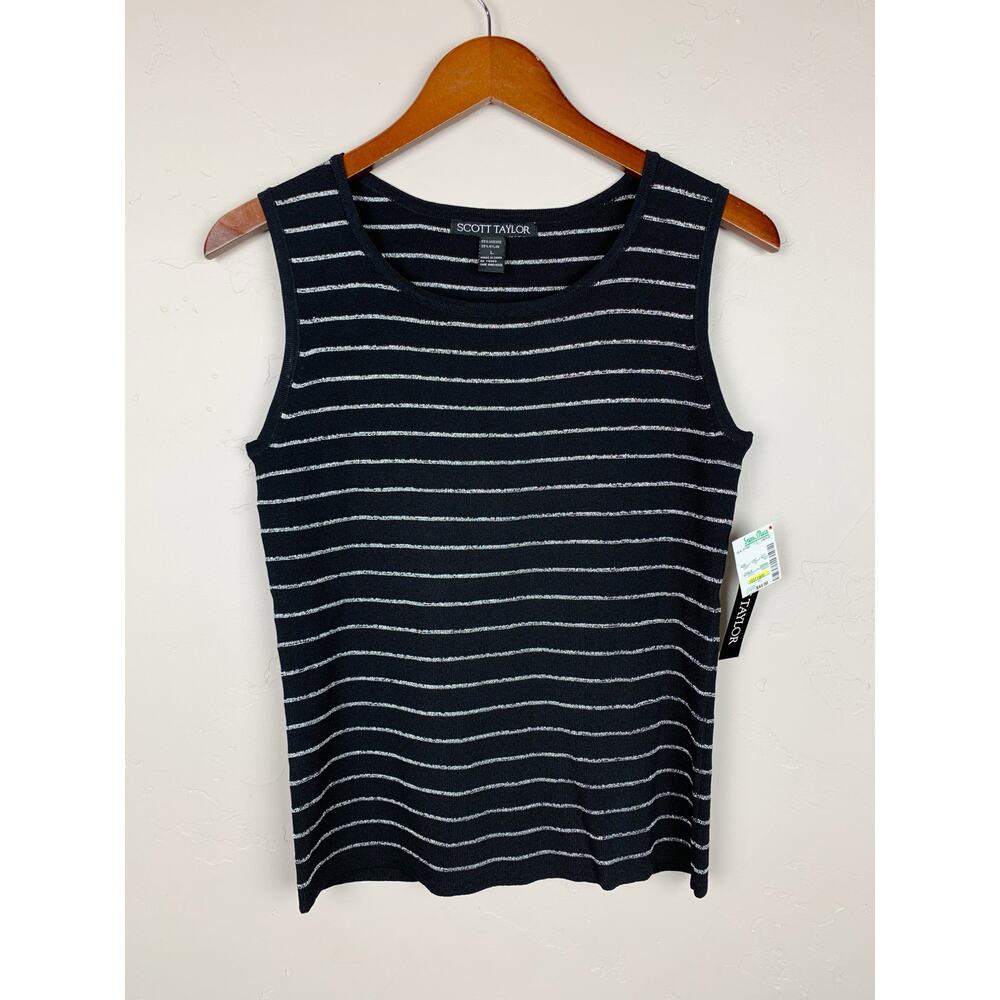 New Scott Taylor Tank Top Black Metallic Silver Stripe Knit Sleeveless Women's L